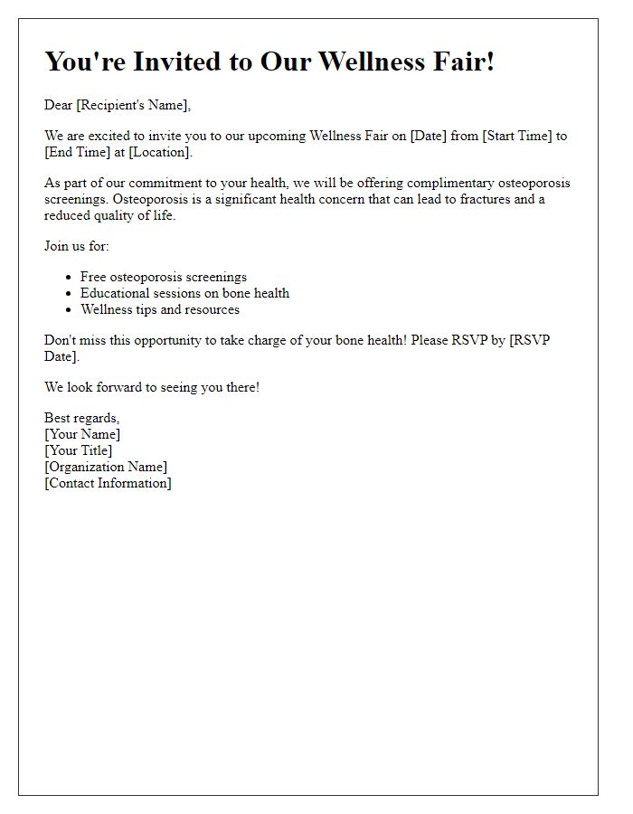 Letter template of osteoporosis screening invitation for wellness fairs