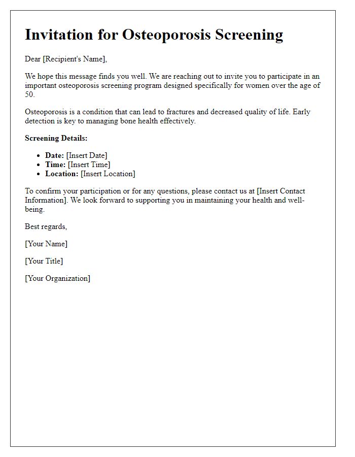 Letter template of osteoporosis screening invitation for women over 50