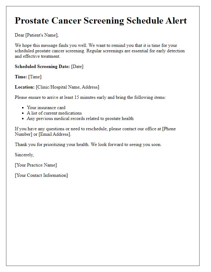 Letter template of prostate cancer screening schedule alert