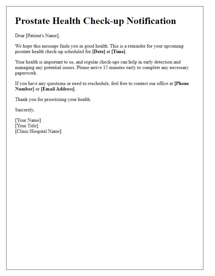 Letter template of prostate health check-up notification