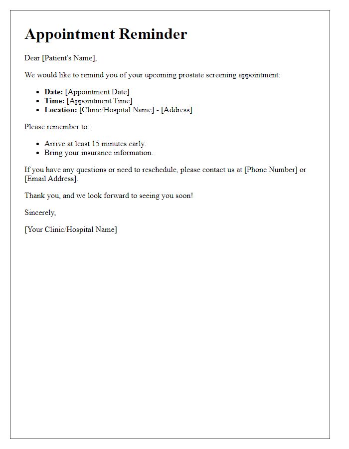 Letter template of prostate screening appointment reminder