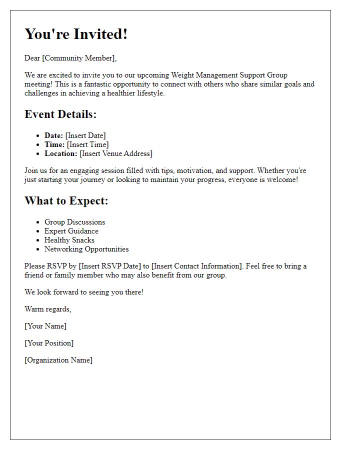 Letter template of community event invitations for weight management support group.