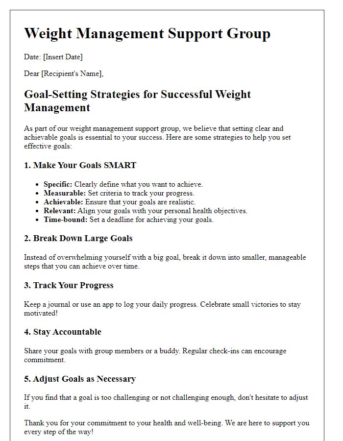 Letter template of goal-setting strategies for weight management support group.