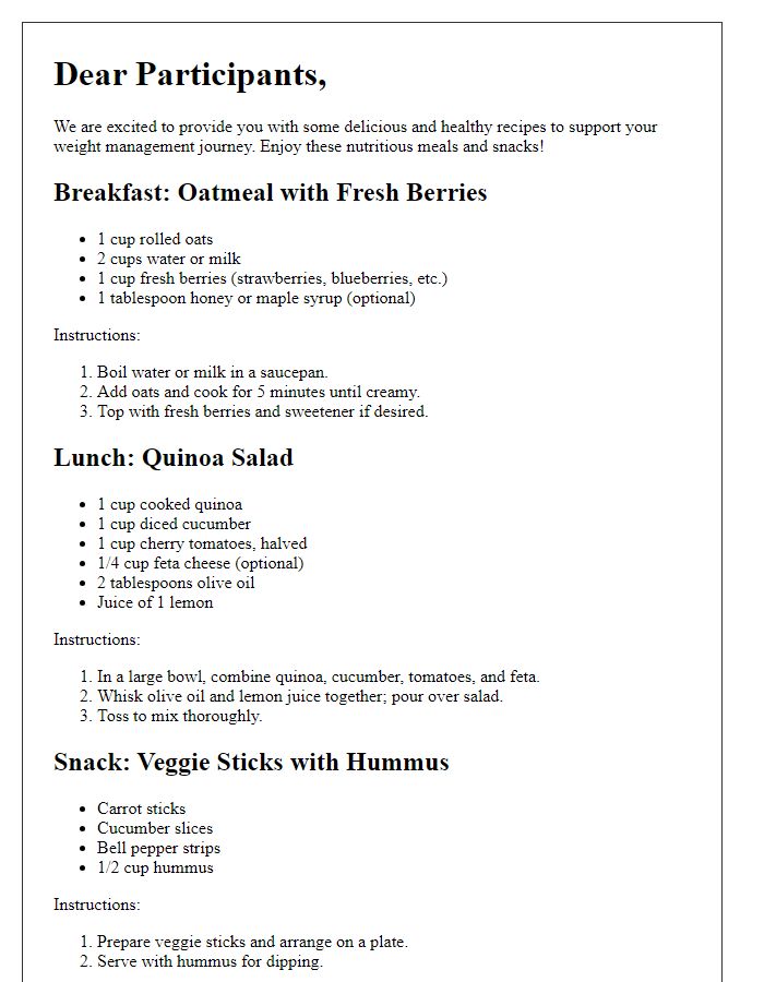 Letter template of healthy recipes for weight management support group participants.