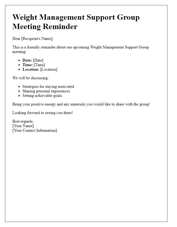 Letter template of meeting reminders for weight management support group.