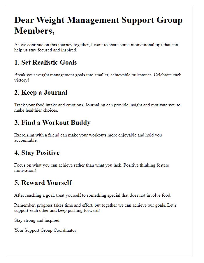 Letter template of motivational tips for weight management support group.