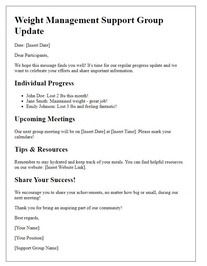 Letter template of progress updates for weight management support group participants.