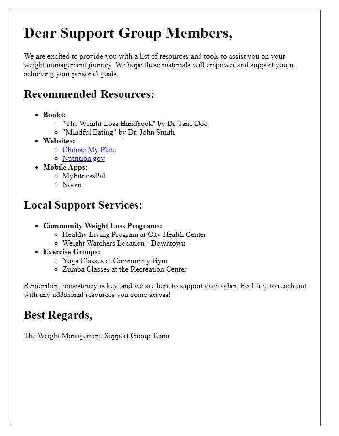 Letter template of resources and tools for weight management support group members.