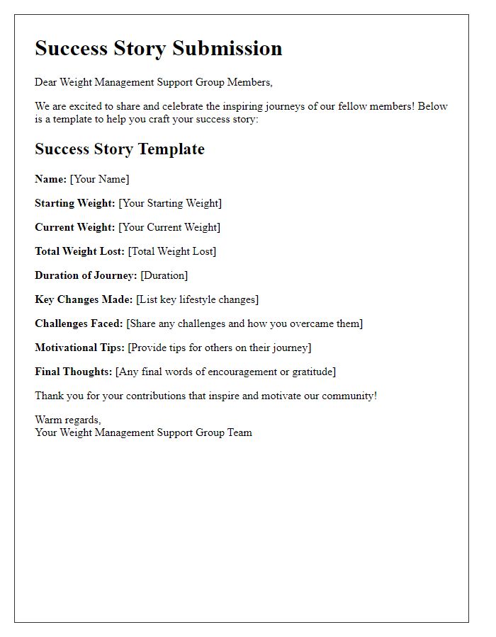 Letter template of success stories for weight management support group members.