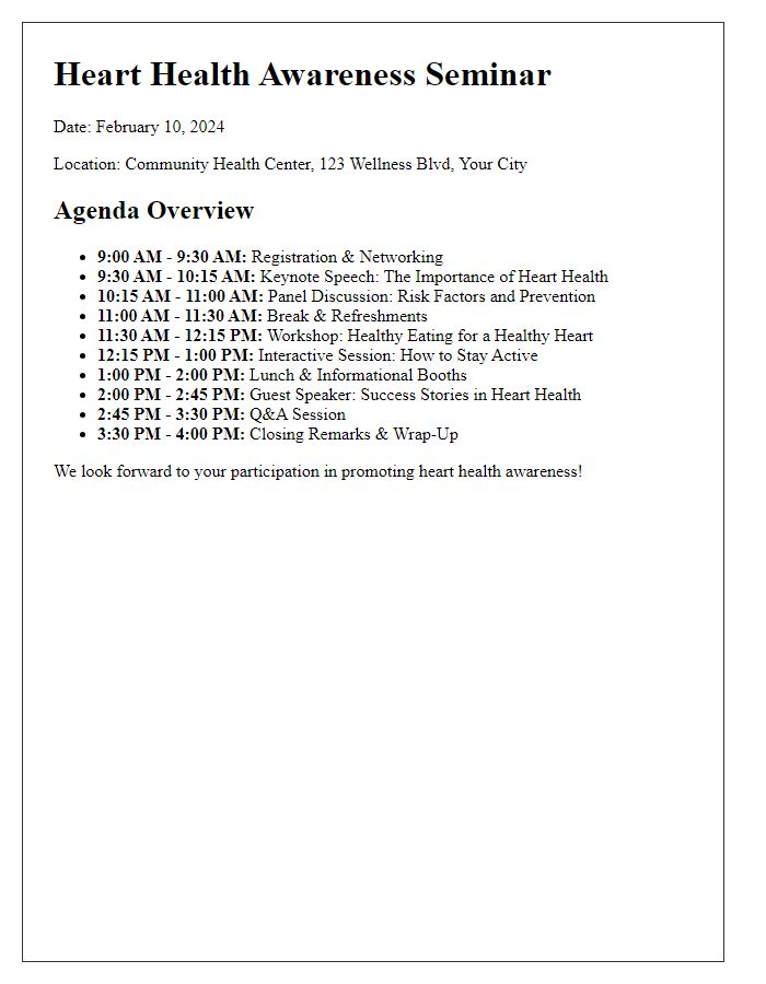 Letter template of agenda overview for heart health awareness seminar.