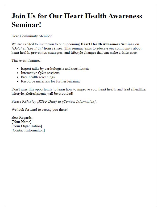 Letter template of marketing outreach for heart health awareness seminar.