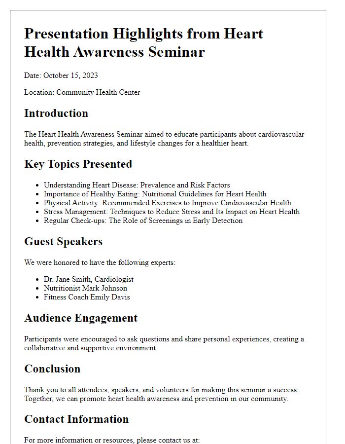 Letter template of presentation highlights from heart health awareness seminar.