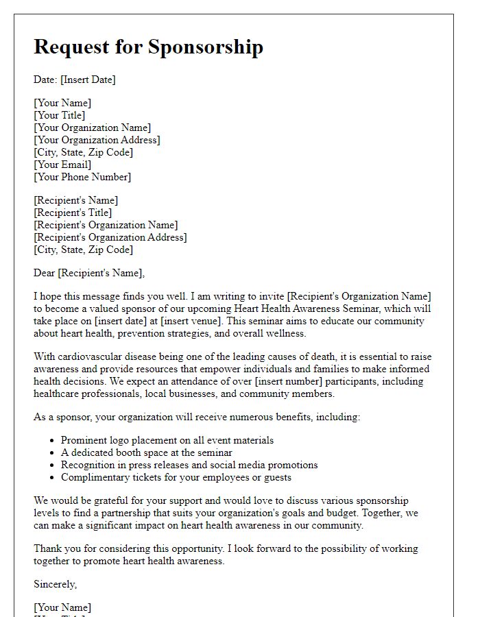 Letter template of sponsorship request for heart health awareness seminar.