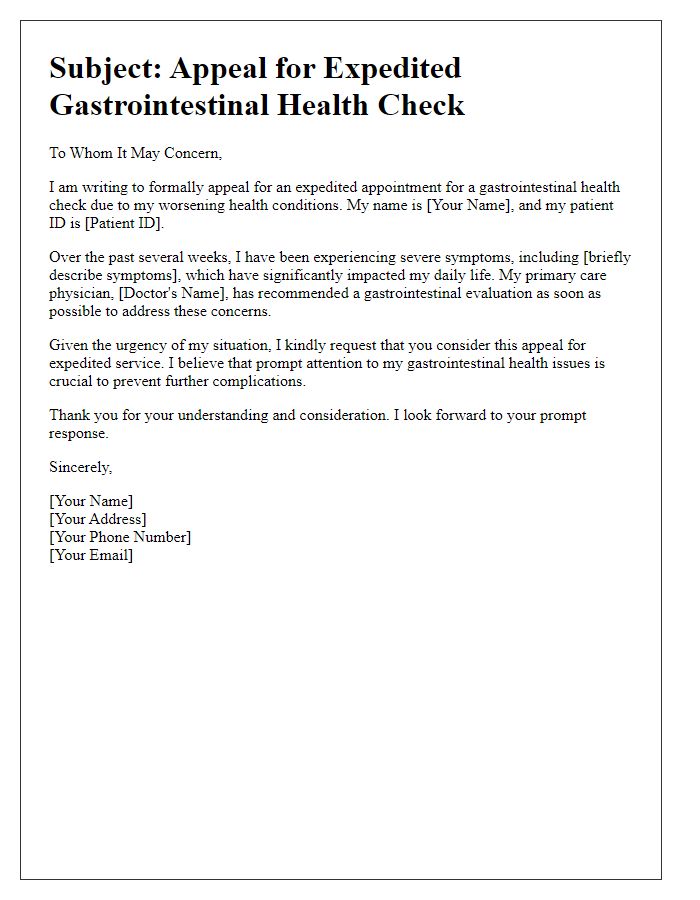 Letter template of appeal for expedited gastrointestinal health check