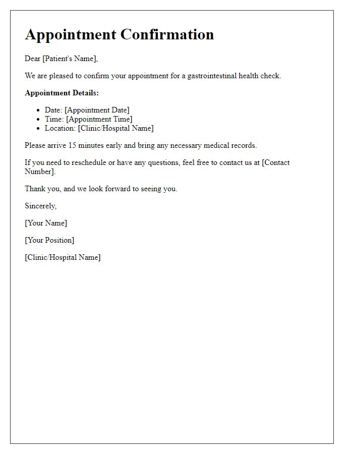 Letter template of confirmation for gastrointestinal health check appointment