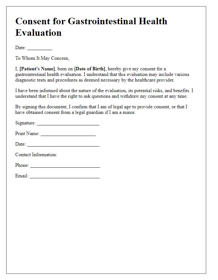 Letter template of consent for gastrointestinal health evaluation