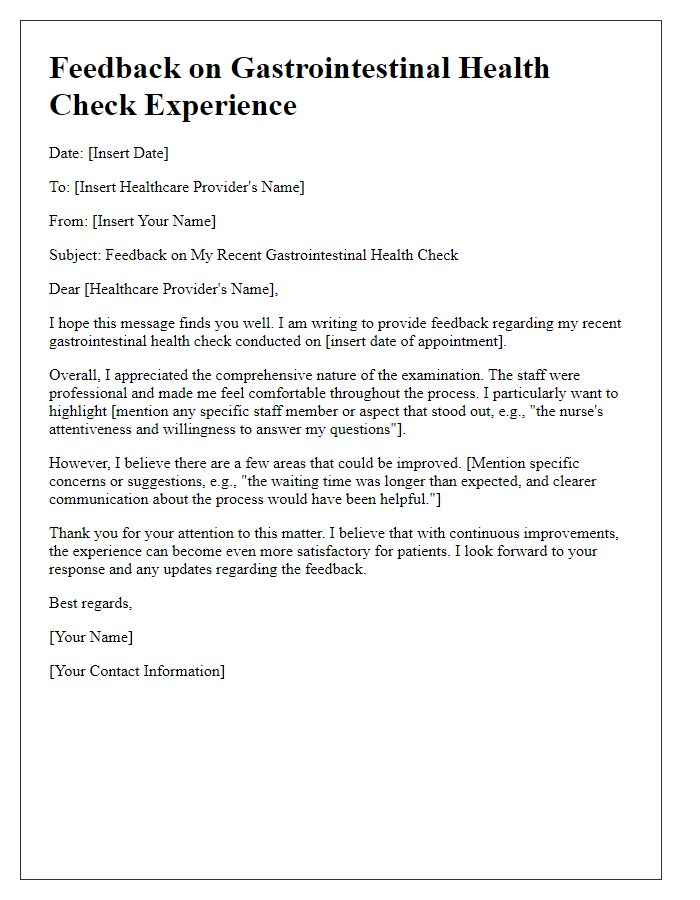 Letter template of feedback after gastrointestinal health check experience