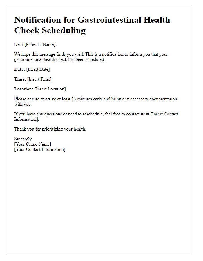 Letter template of notification for gastrointestinal health check scheduling