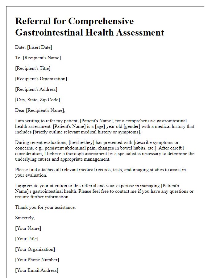 Letter template of referral for comprehensive gastrointestinal health assessment