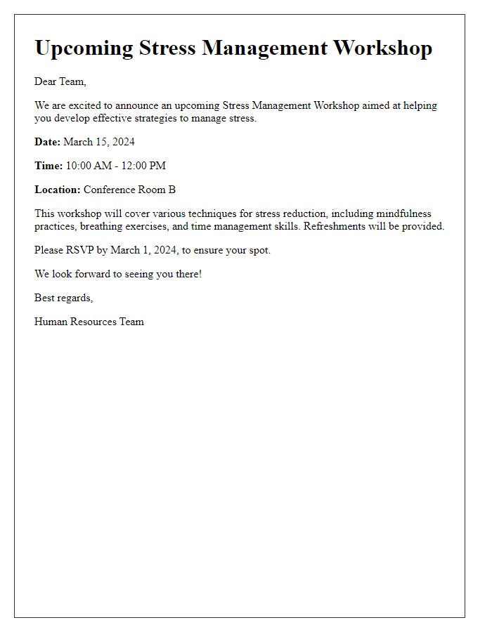 Letter template of announcement for upcoming stress management workshop