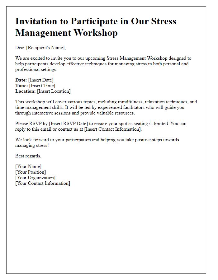 Letter template of invitation for stress management workshop participation