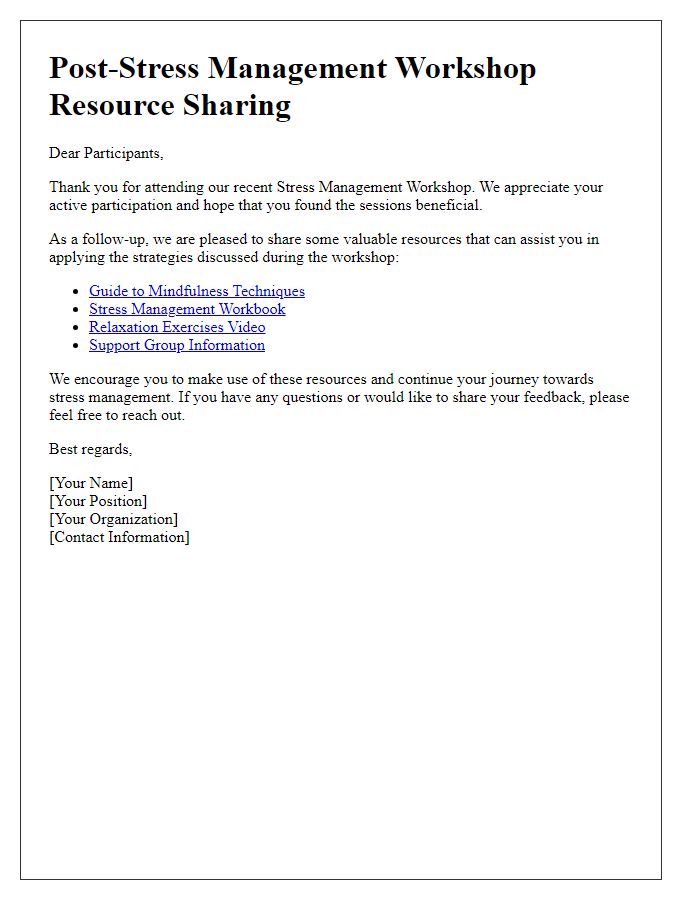 Letter template of resource sharing post-stress management workshop