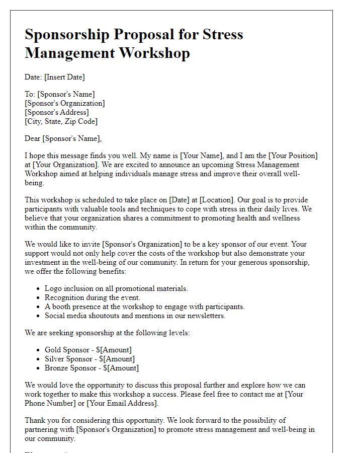 Letter template of sponsorship proposal for stress management workshop