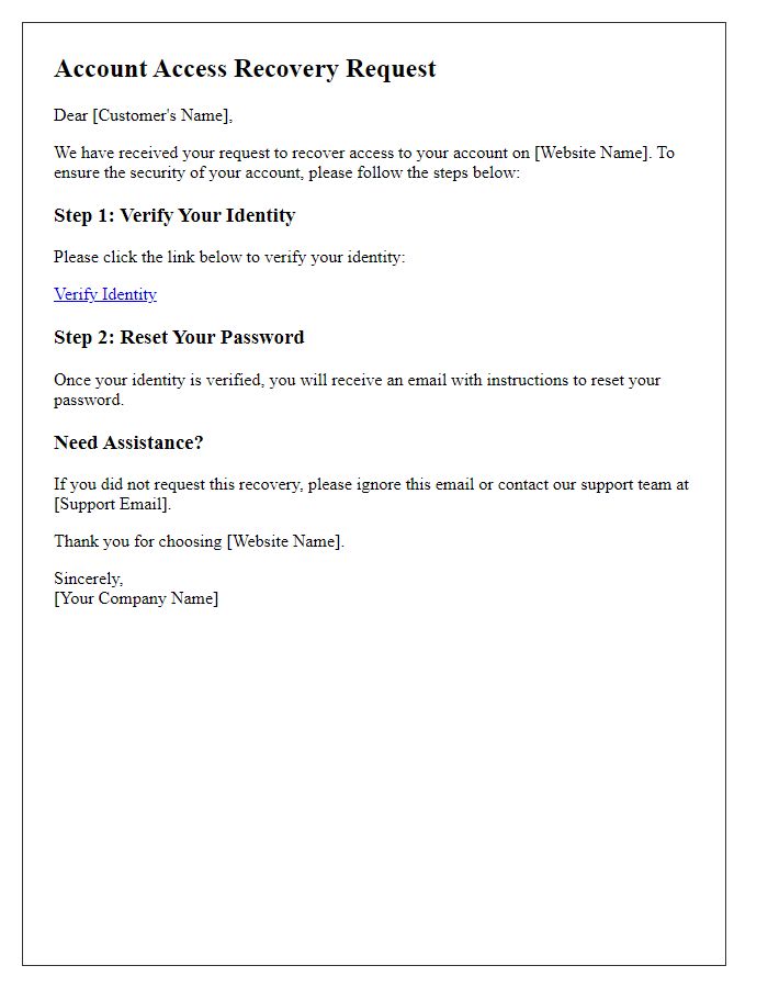 Letter template of account access recovery for e-commerce websites.