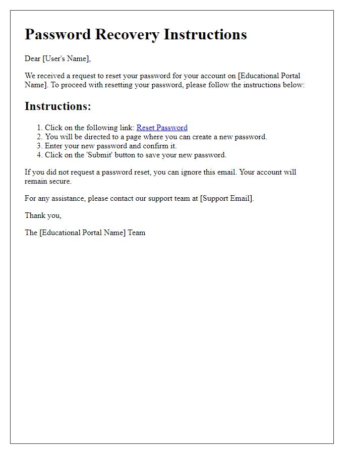 Letter template of password recovery instructions for educational portals.