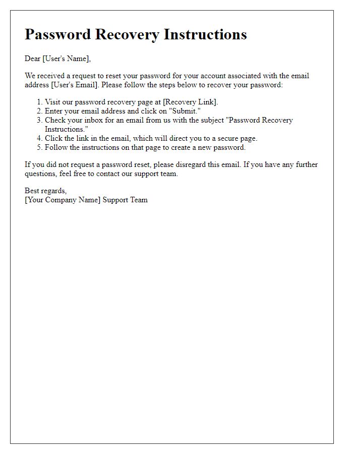 Letter template of password recovery steps for social media platforms.