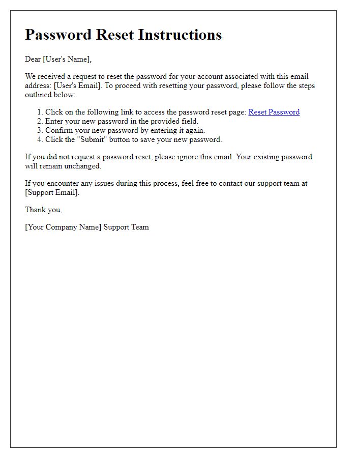 Letter template of password reset guidance for email accounts.