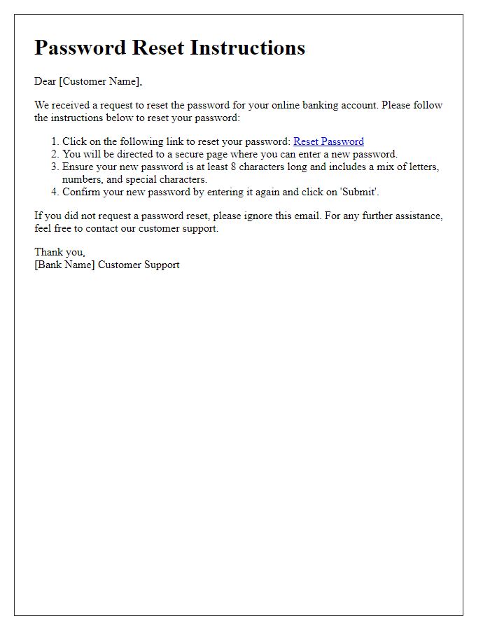 Letter template of password reset instructions for online banking accounts.