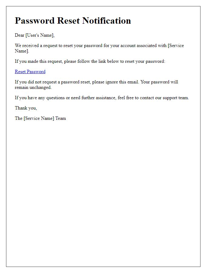Letter template of password reset notification for subscription services.