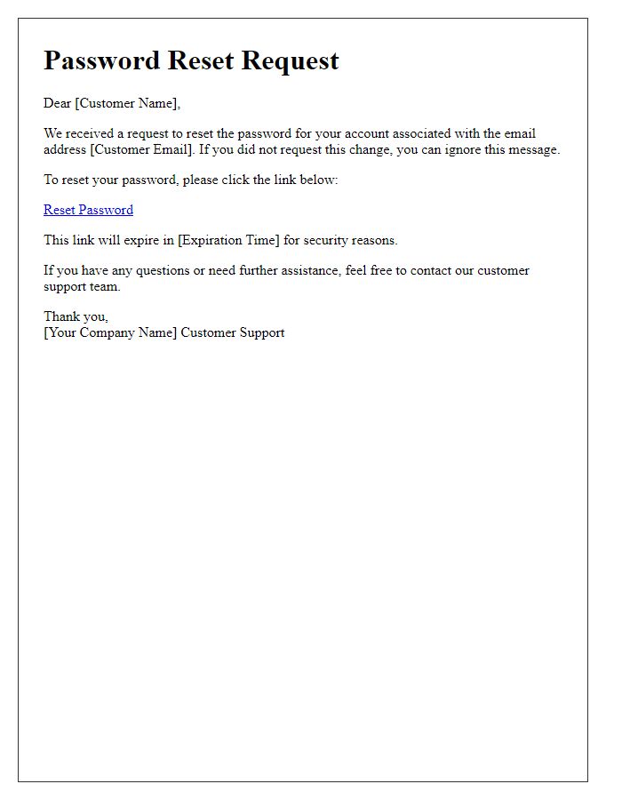 Letter template of user account password reset for customer support services.
