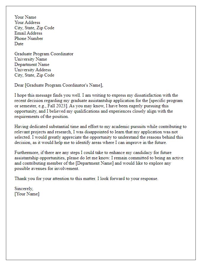 Letter template of dissatisfaction with graduate assistantship decision