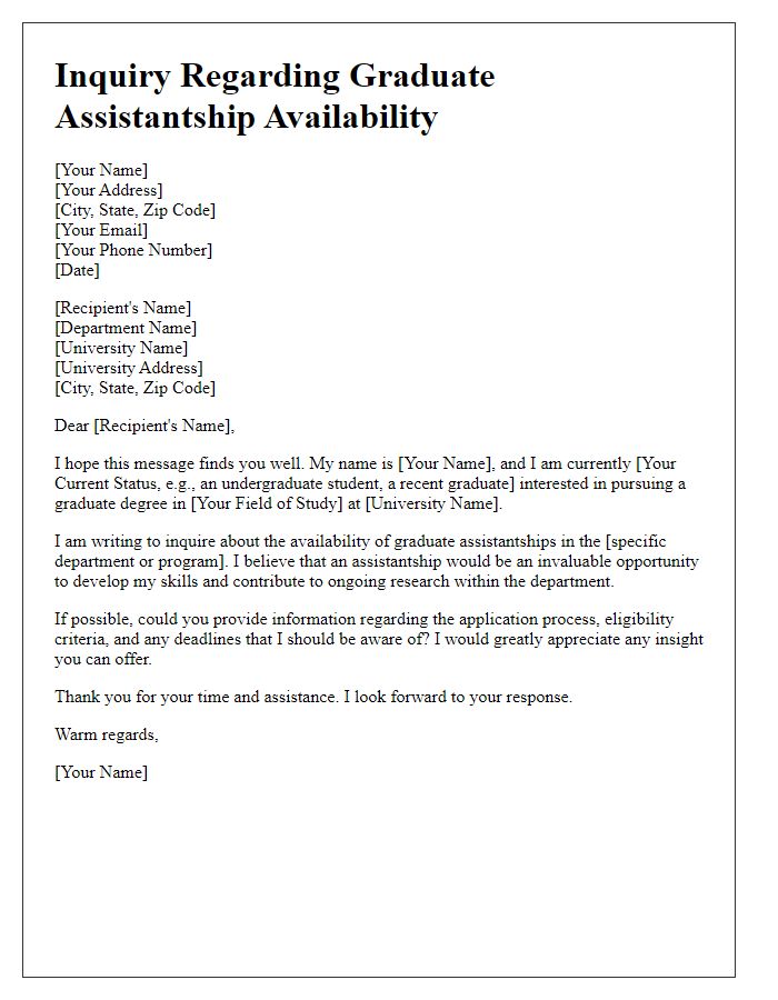 Letter template of inquiry regarding graduate assistantship availability