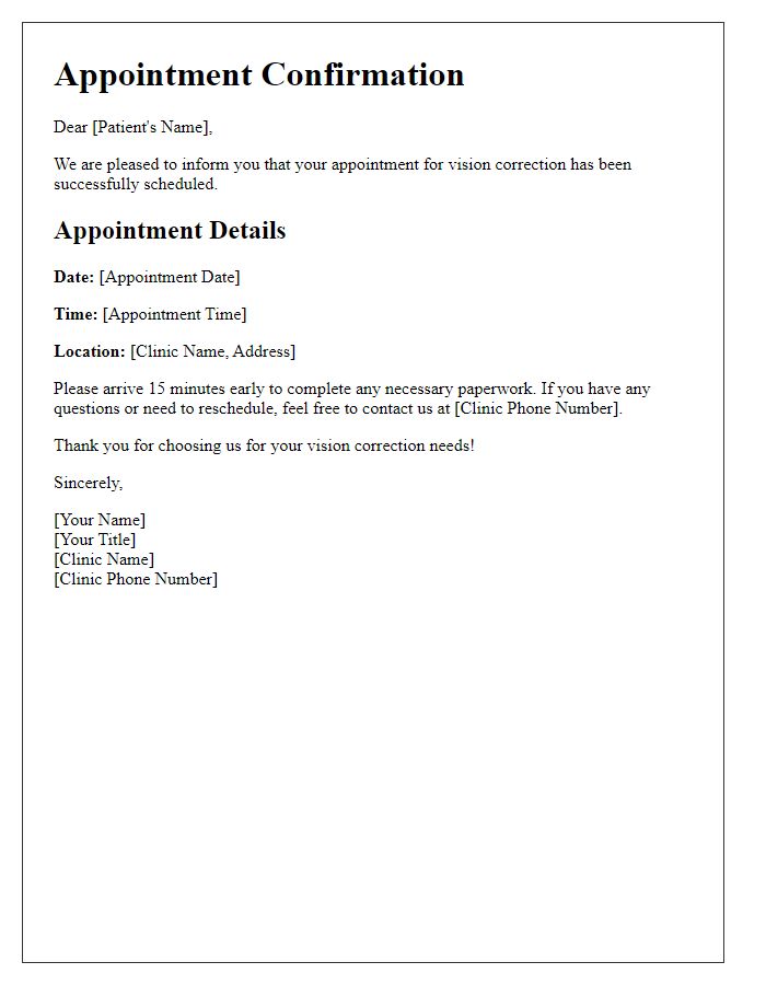 Letter template of appointment scheduling for vision correction