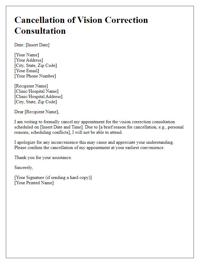 Letter template of cancellation for vision correction consultation