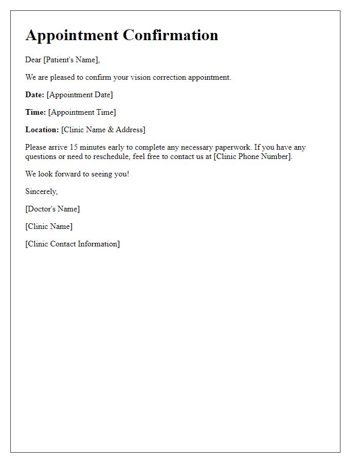 Letter template of confirmation for vision correction appointment