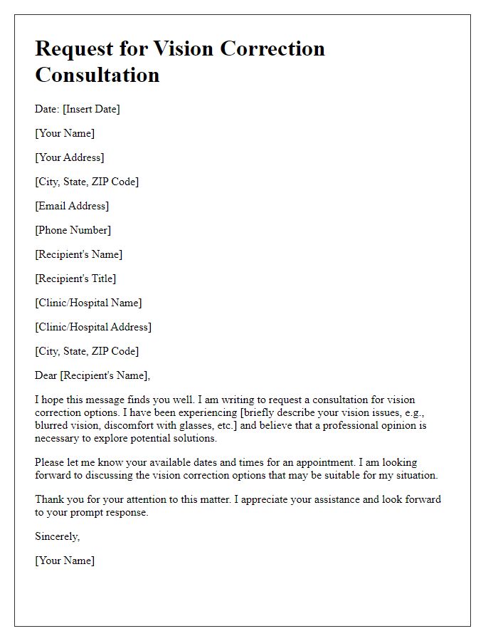 Letter template of request for vision correction consultation