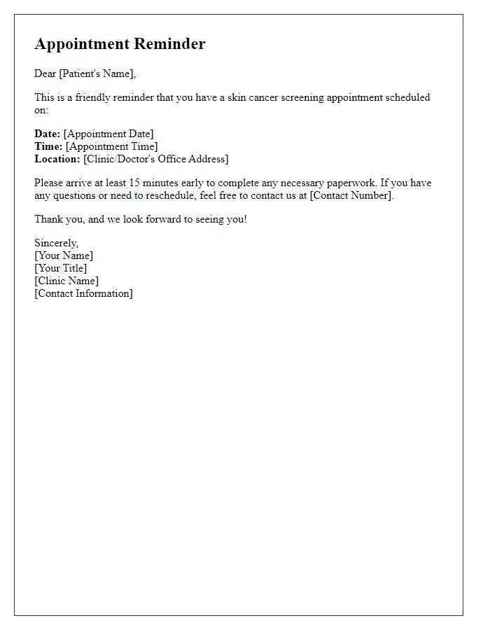 Letter template of skin cancer screening appointment reminder