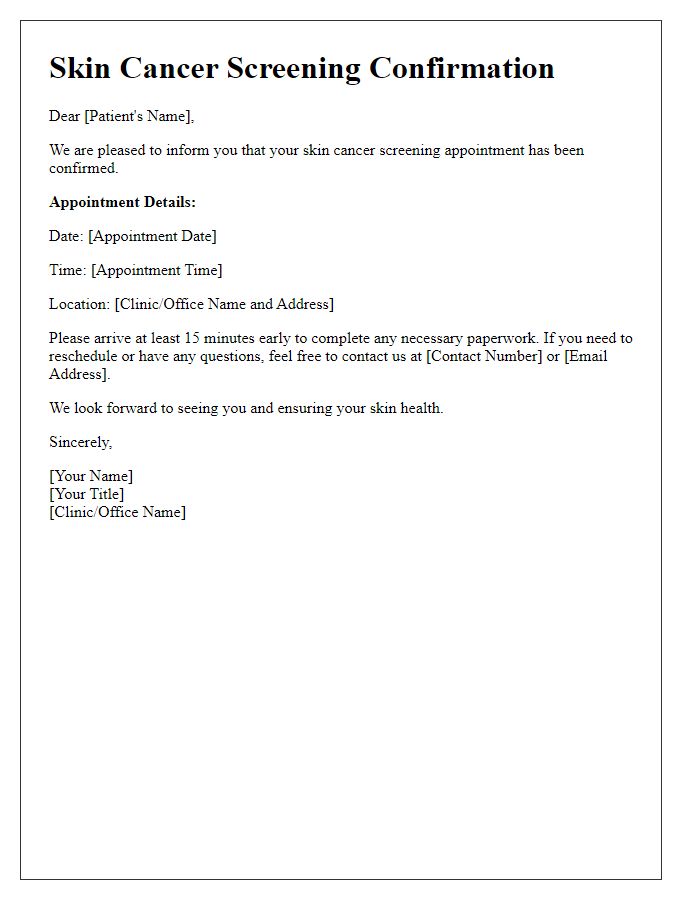 Letter template of skin cancer screening confirmation