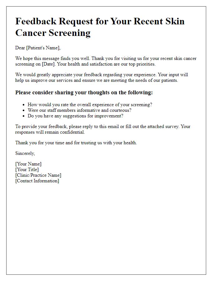 Letter template of skin cancer screening feedback request