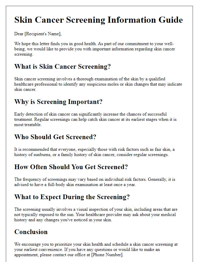 Letter template of skin cancer screening information guide