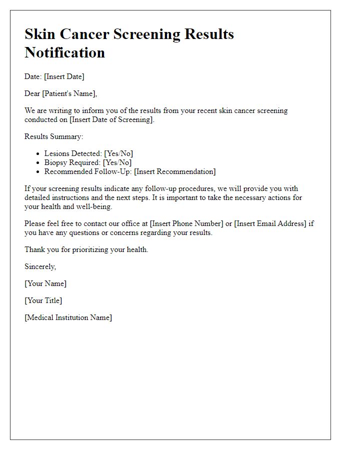 Letter template of skin cancer screening results notification