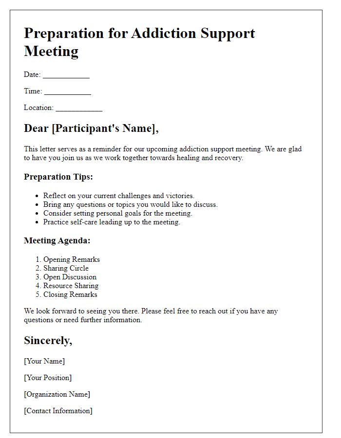 Letter template of preparation for addiction support meeting