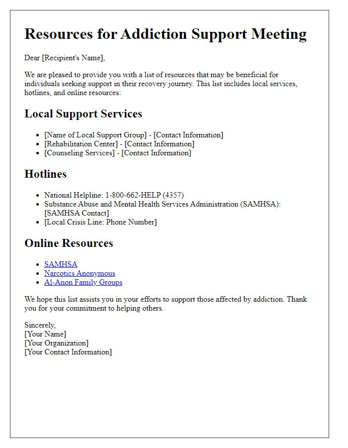 Letter template of resources list for addiction support meeting