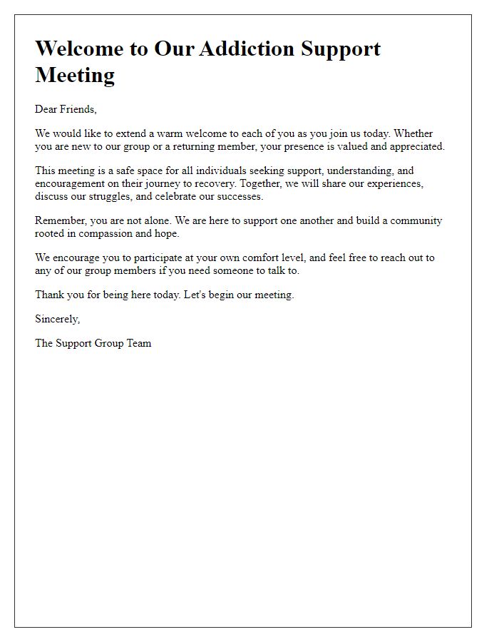 Letter template of welcome message for addiction support meeting