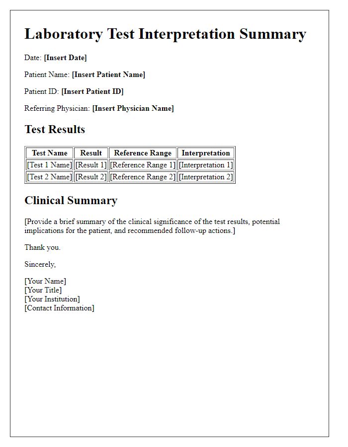 Letter template of laboratory test interpretation summary