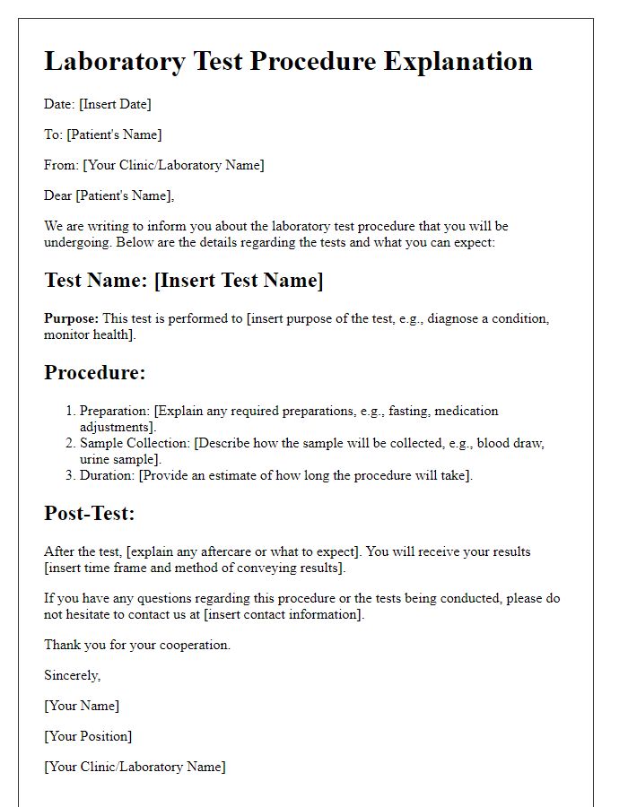 Letter template of laboratory test procedure explanation